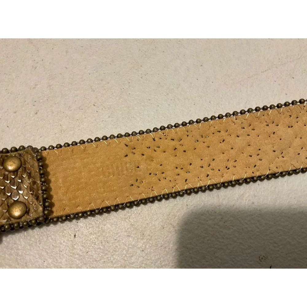 Chicos Womens Snakeskin Studded Rhinestone Western Belt Bronze Gold Buckle Large